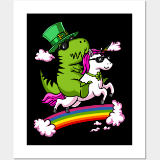 Leprechaun T-Rex Dinosaur Riding Unicorn St Patricks Day Irish Posters and Art